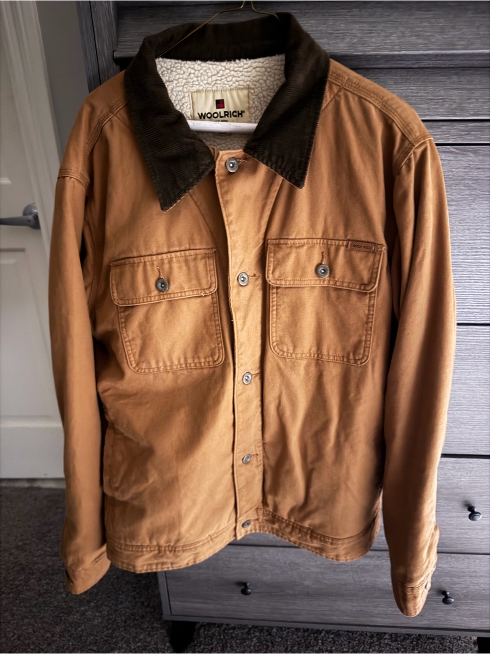 Woolrich Tan Canvas Jacket with Dark Brown Corduroy Collar
